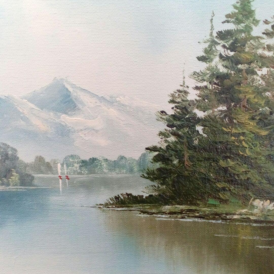 油絵額装湖畔と森林山景色図柄作者不詳昭和レトロ５４✕４５✕５サイズ品