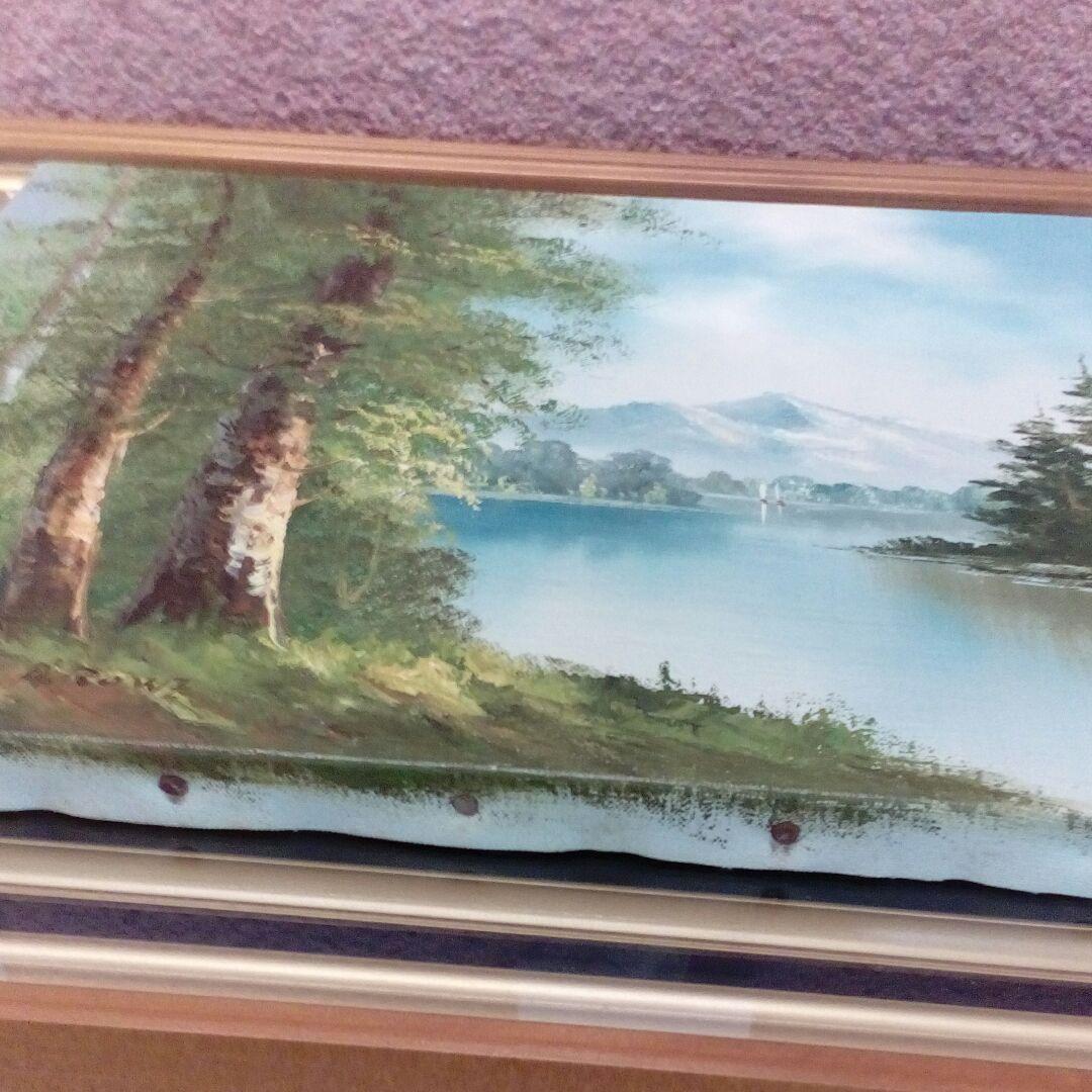 油絵額装湖畔と森林山景色図柄作者不詳昭和レトロ５４✕４５✕５サイズ品