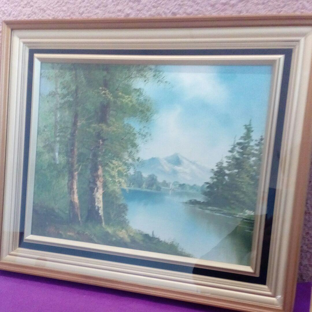 油絵額装湖畔と森林山景色図柄作者不詳昭和レトロ５４✕４５✕５サイズ品