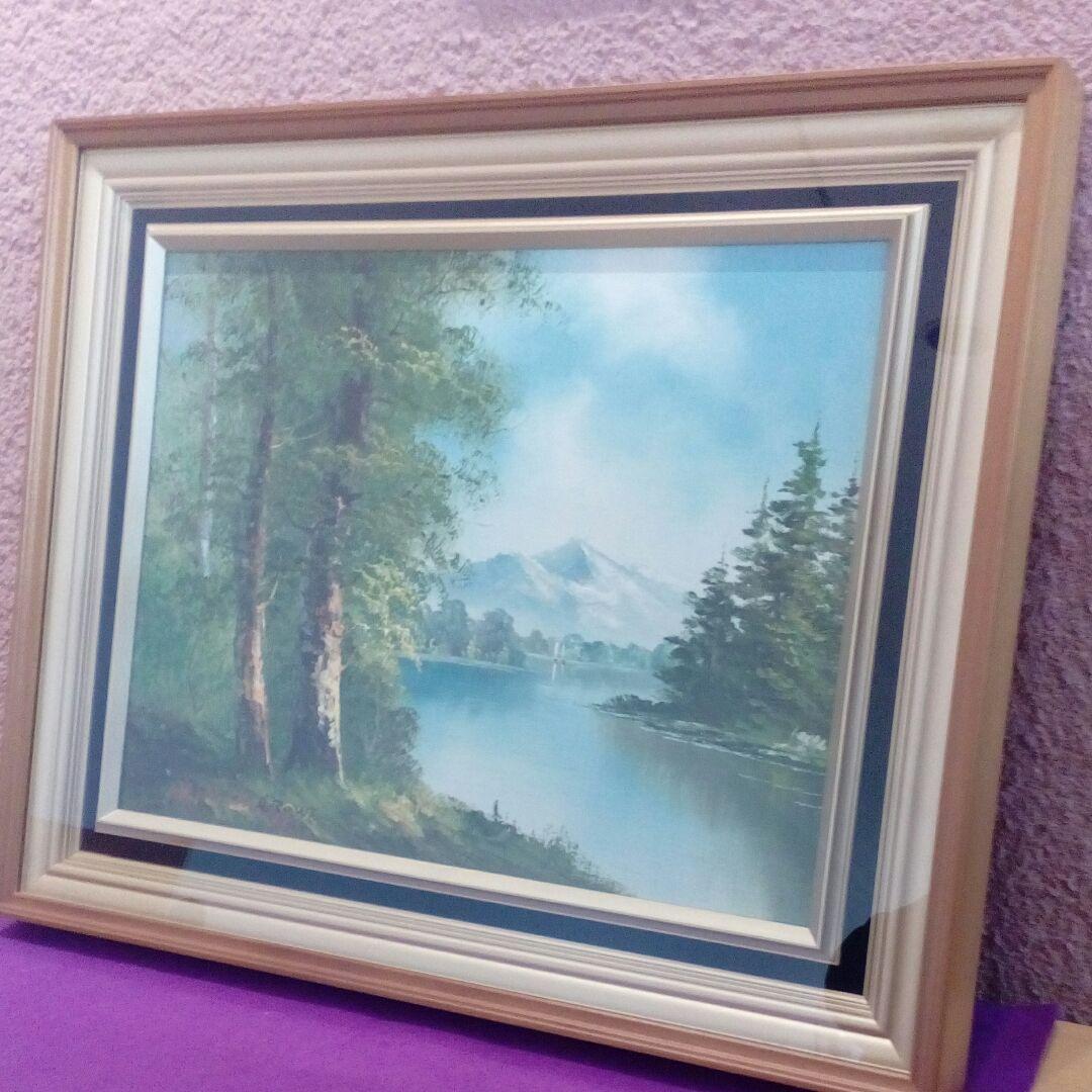 油絵額装湖畔と森林山景色図柄作者不詳昭和レトロ５４✕４５✕５サイズ品