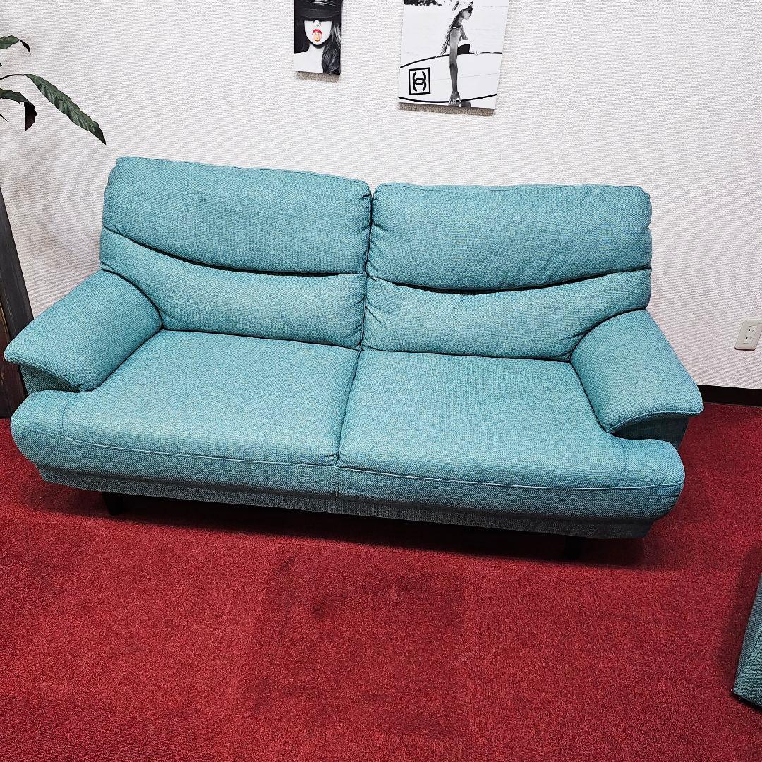 青緑色のファブリック2人掛けソファとオットマン 東京23区全域送料無料