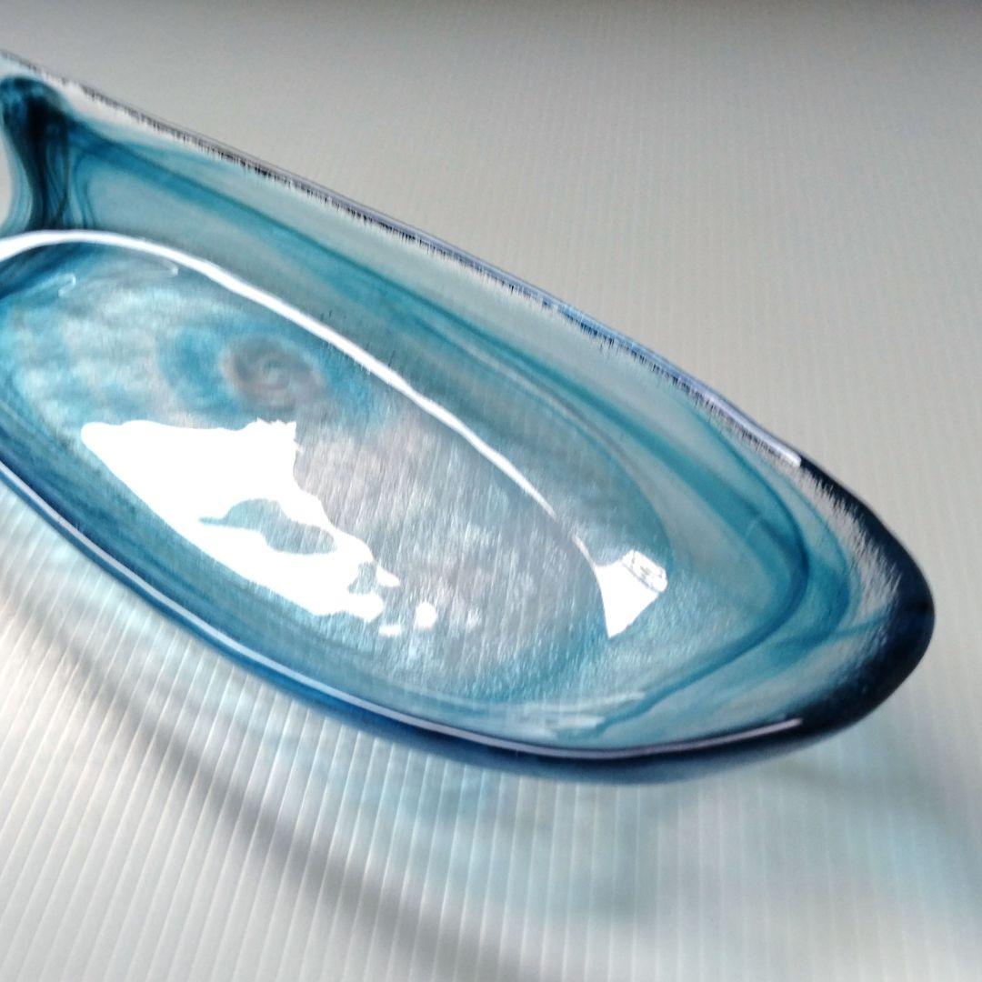 月夜野工房 青風 ガラス オーバル プレート皿 舟形 大皿 ブルー 43cm