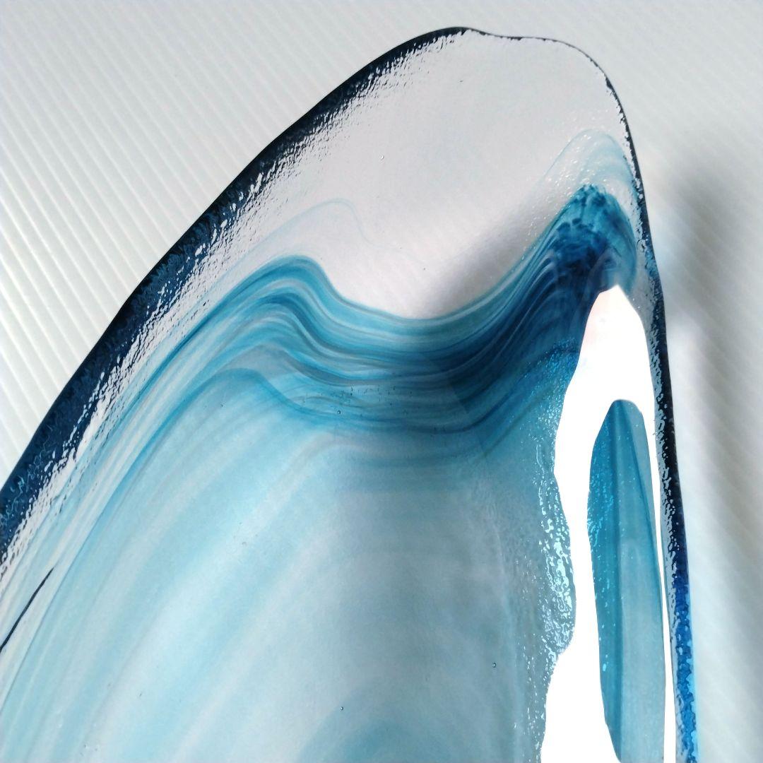 月夜野工房 青風 ガラス オーバル プレート皿 舟形 大皿 ブルー 43cm