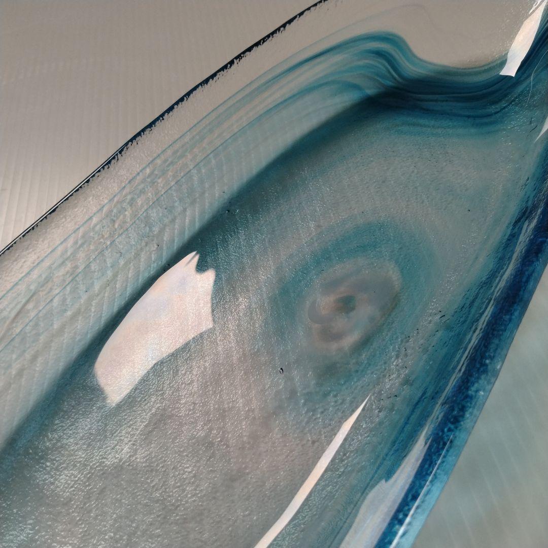 月夜野工房 青風 ガラス オーバル プレート皿 舟形 大皿 ブルー 43cm