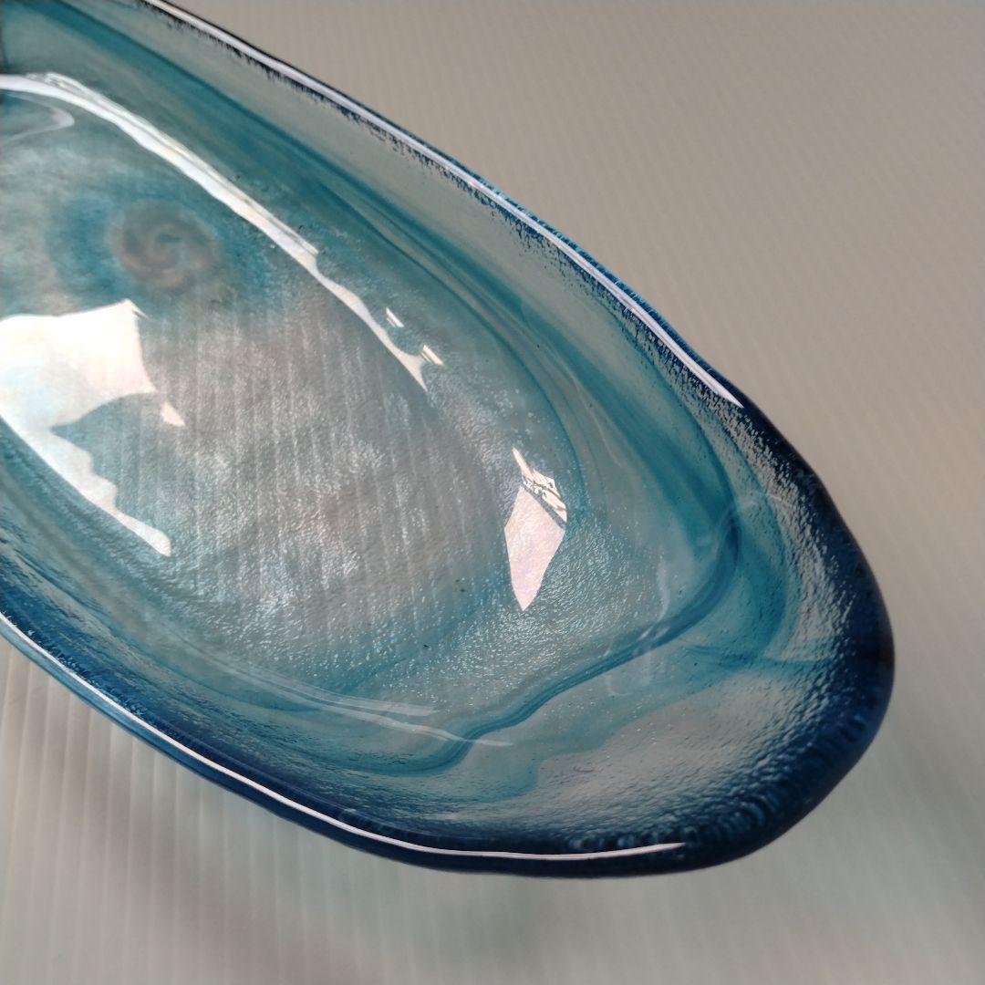 月夜野工房 青風 ガラス オーバル プレート皿 舟形 大皿 ブルー 43cm