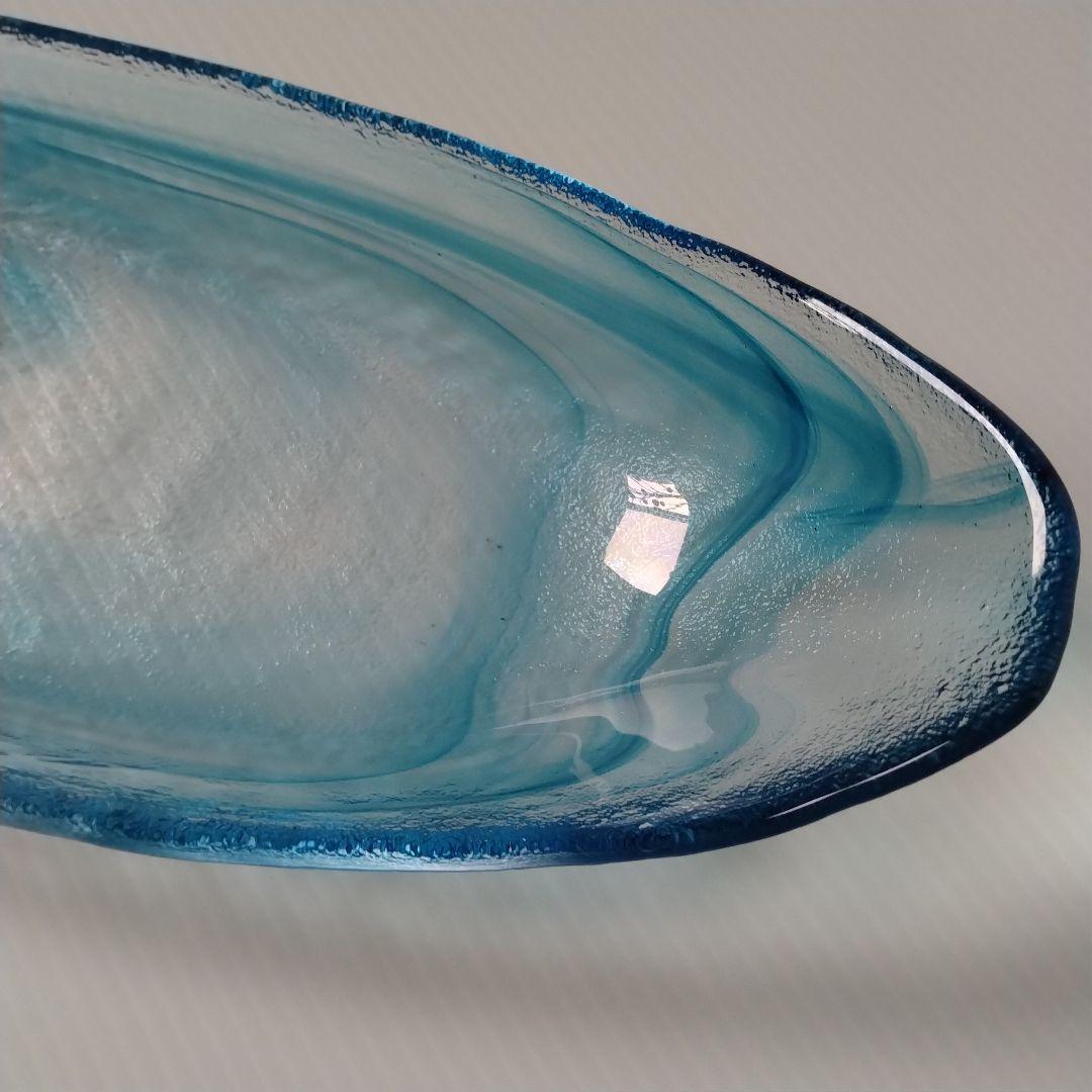月夜野工房 青風 ガラス オーバル プレート皿 舟形 大皿 ブルー 43cm