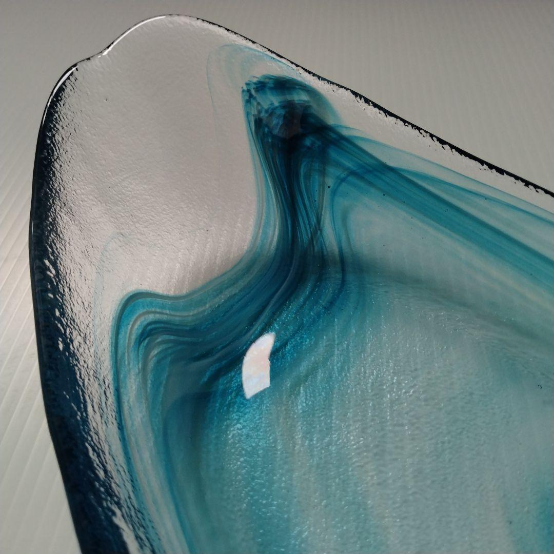 月夜野工房 青風 ガラス オーバル プレート皿 舟形 大皿 ブルー 43cm