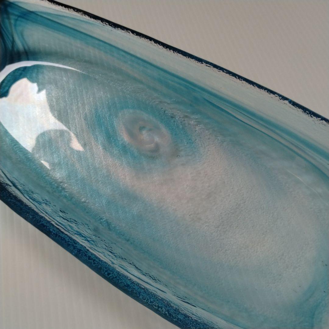 月夜野工房 青風 ガラス オーバル プレート皿 舟形 大皿 ブルー 43cm