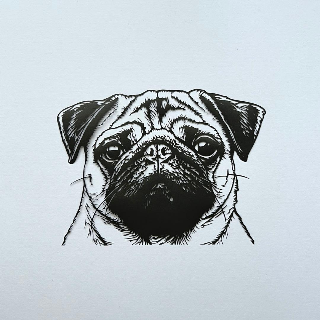 n*e様 【原画】切り絵『パグ』32cm×23cm アート　動物　額縁　犬　絵画
