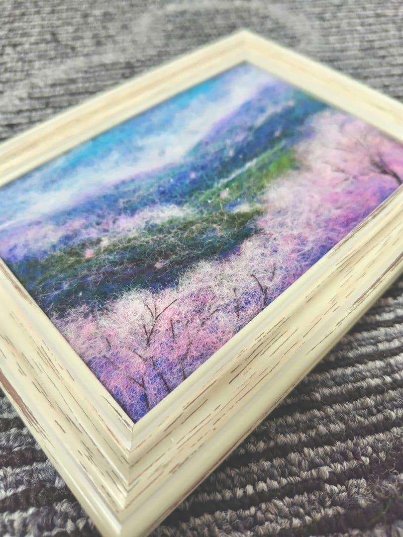 羊毛フェルト　ハンドメイド　フレーム　刺繍　絵画　春の絶景