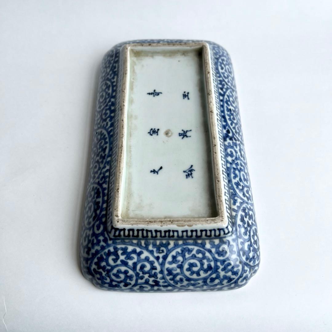 江戸中期　元禄　古伊万里　奇玉宝鼎之珍　染付　松竹梅　蛸唐草文　長角皿　5客揃