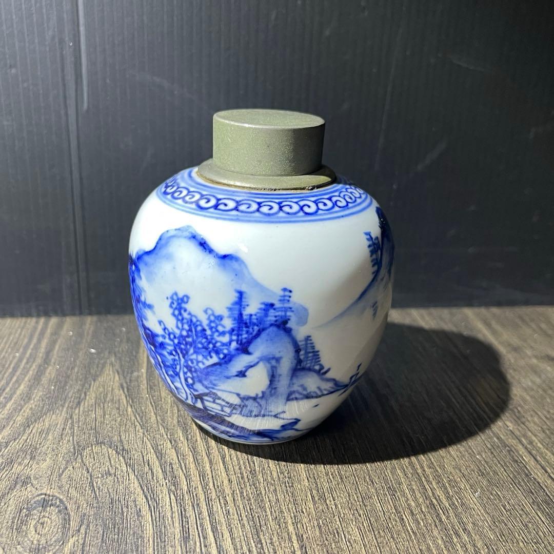【骨董】呉祥瑞造 染付山水文 茶心壺 真鍮蓋 茶道具 煎茶道具 時代物