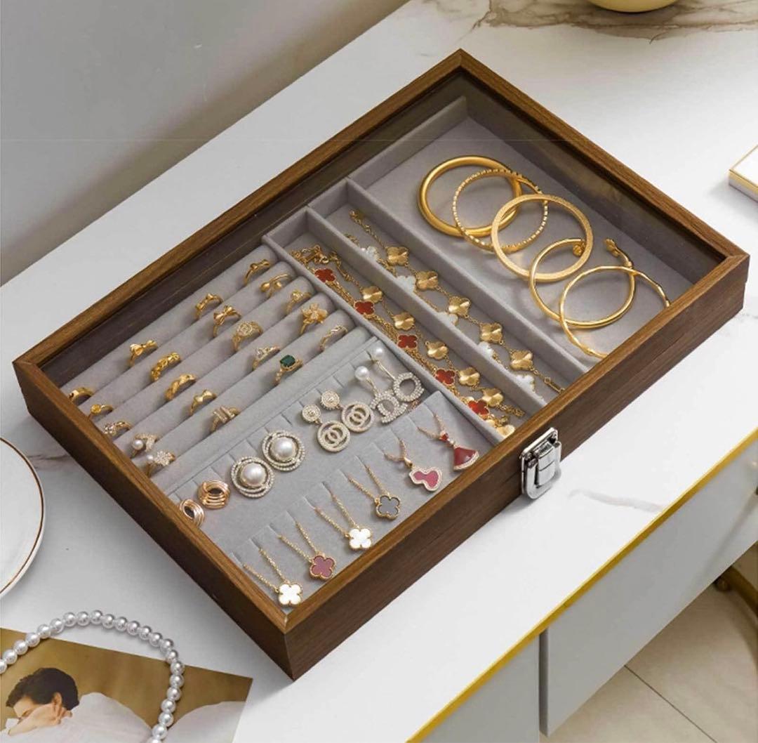 ガラス蓋付き木製ジュエリーボックス 木製アクセサリーケース 蓋付き