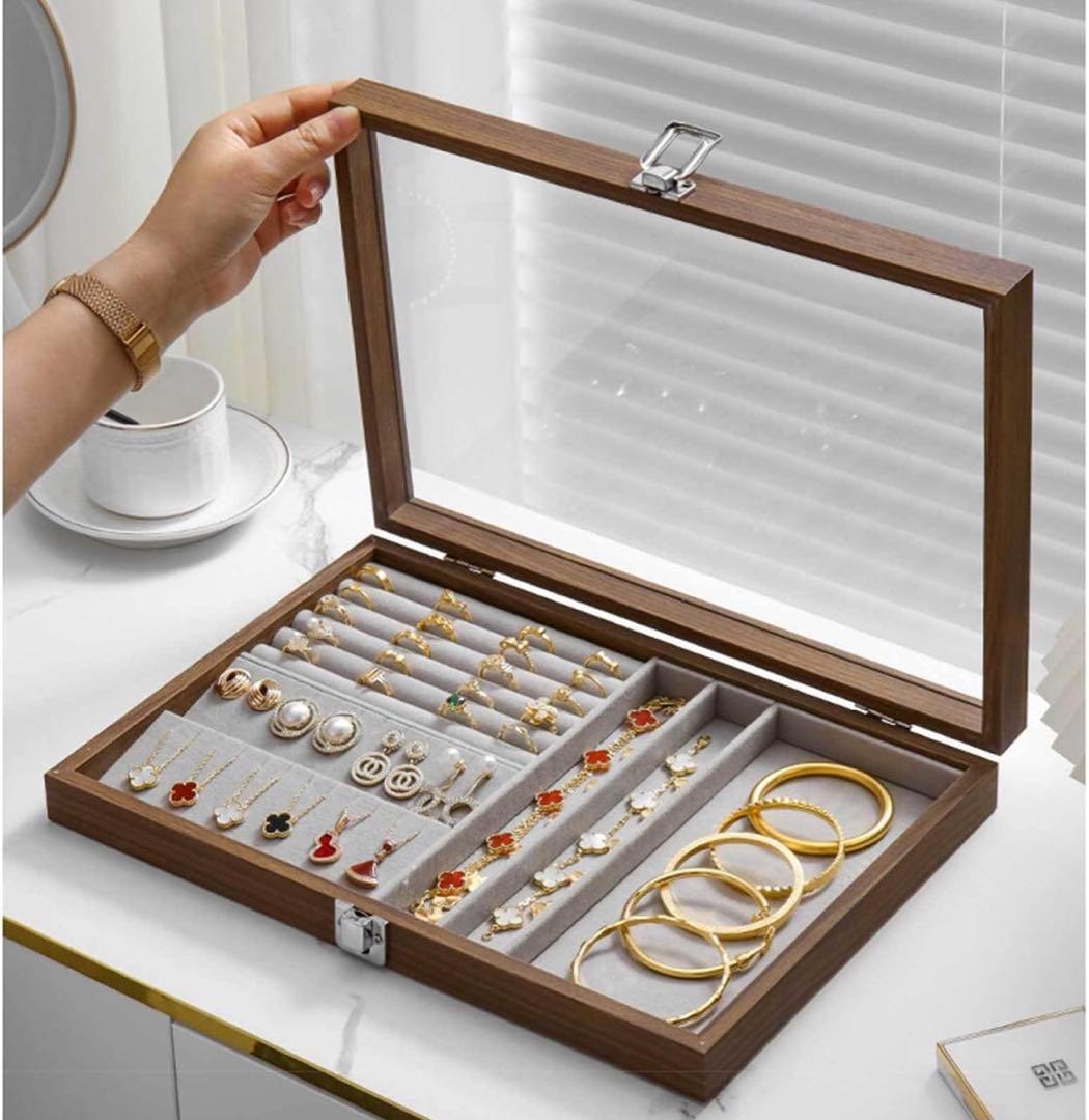 ガラス蓋付き木製ジュエリーボックス 木製アクセサリーケース 蓋付き