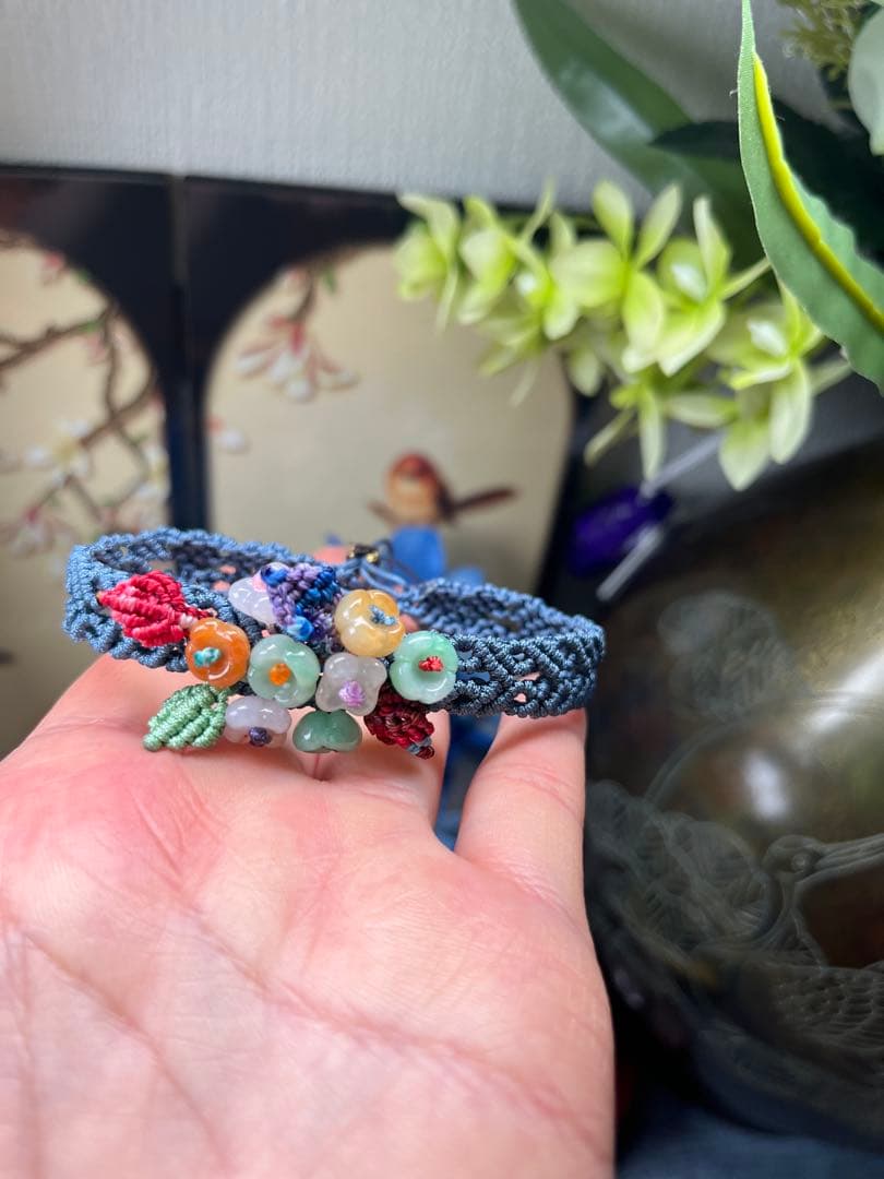 超美品❣️ハンドメイド品‼️天然A貨翡翠　個性、大きめのモクセイの花手編みブレス