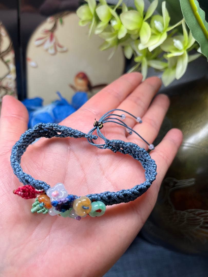 超美品❣️ハンドメイド品‼️天然A貨翡翠　個性、大きめのモクセイの花手編みブレス