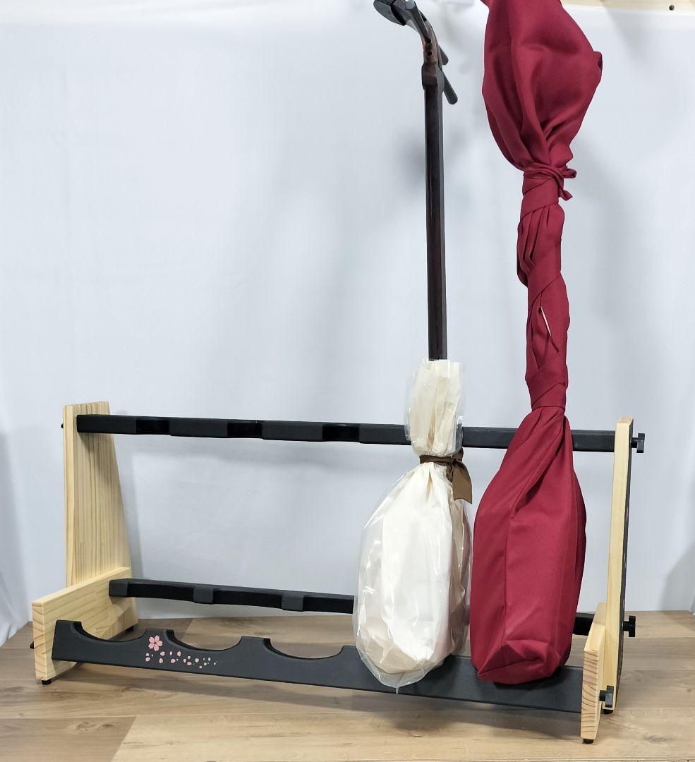 ♪手作り　三味線用スタンド木製 5丁並び　桜モデル　細棹　津軽　三線♪