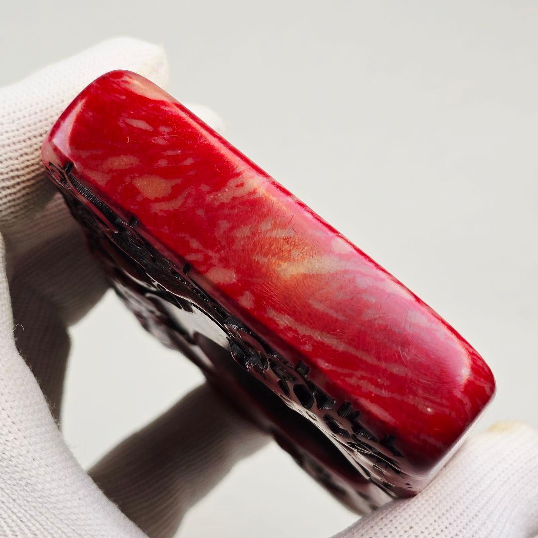 古文房具 鶏血石 鶏血玉 高浮彫 飛龍紋 筆添 石硯 在銘 激安