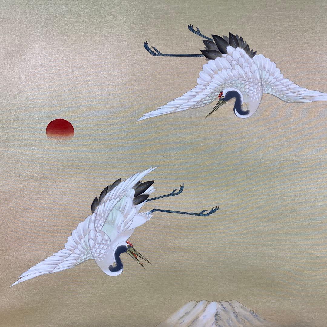 美品 掛け軸 国井幸雪作 金地 舞鶴図 共箱 二重箱 縁起物
