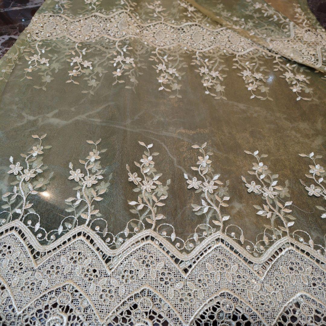 川島織物セルコン　オリーブグリーン 　刺繍レースカフェカーテン　暖簾