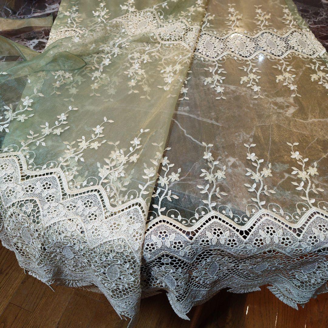 川島織物セルコン　オリーブグリーン 　刺繍レースカフェカーテン　暖簾