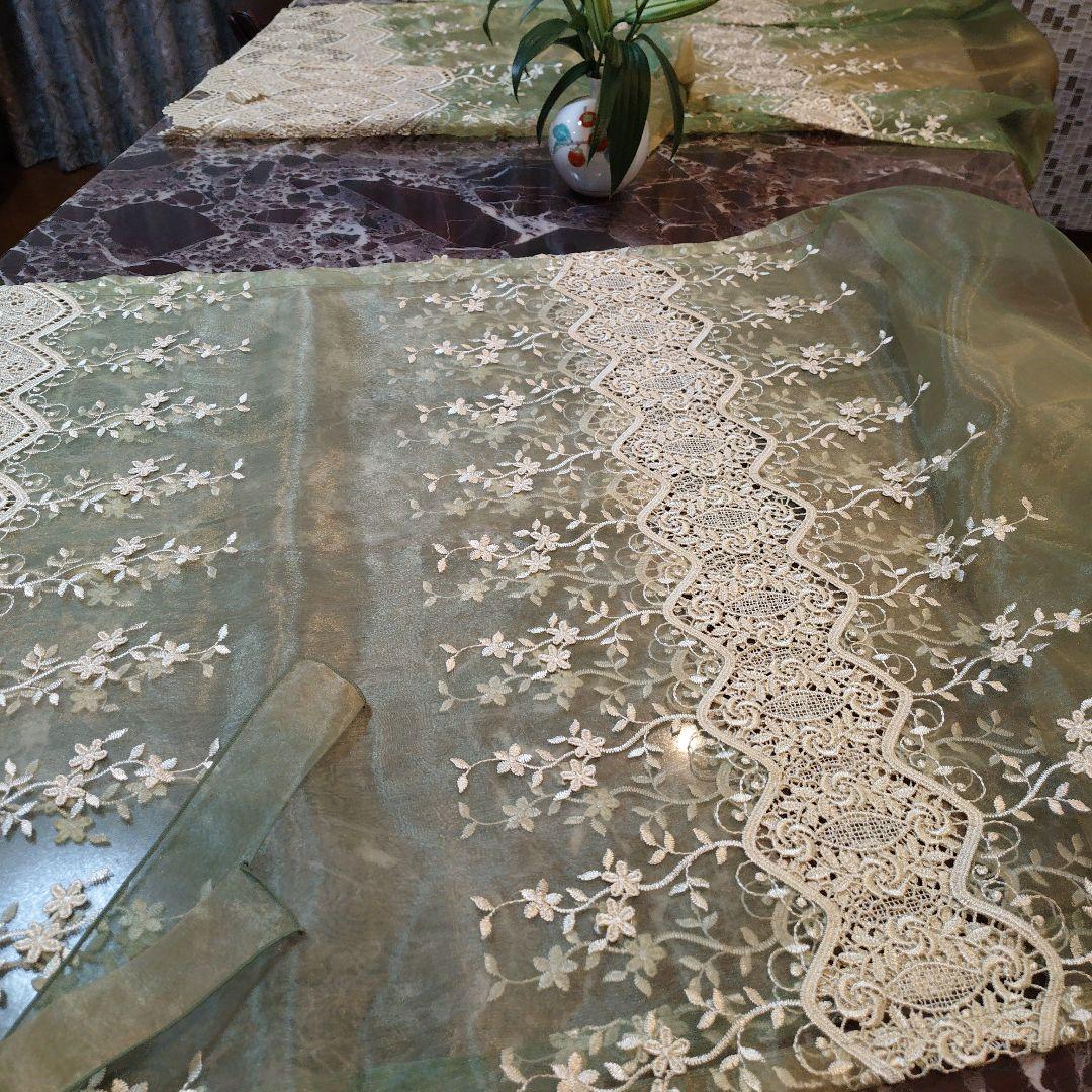 川島織物セルコン　オリーブグリーン 　刺繍レースカフェカーテン　暖簾