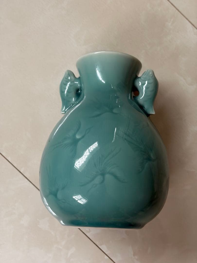 壺　花瓶　鶴と鯉　陶磁器　砧青磁