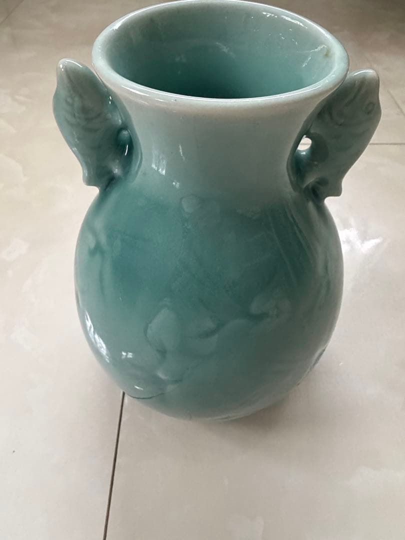壺　花瓶　鶴と鯉　陶磁器　砧青磁