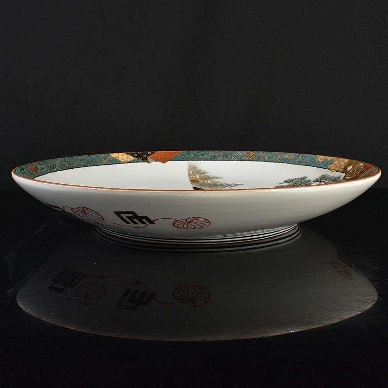 九谷焼　古九谷　青粒色絵金彩　山水人物文　大皿　直径約40cm　M　R6148B