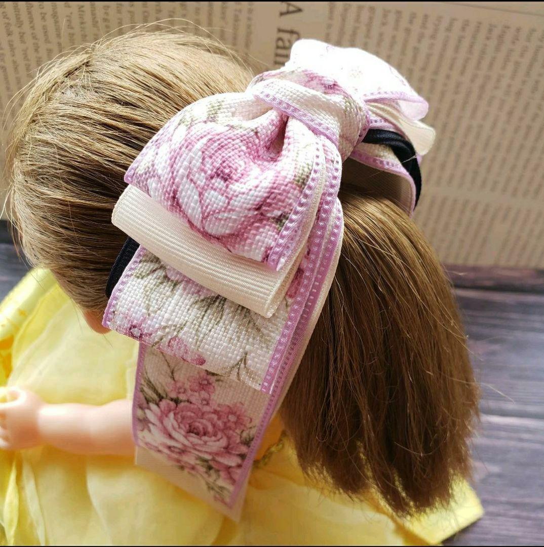 リボン　ヘアゴム♡花柄♡ピンクパープル♡ハンドメイド