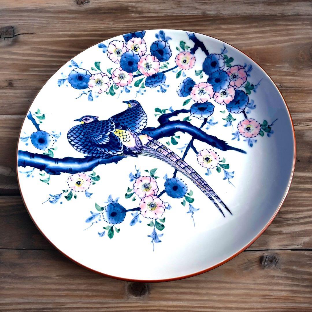 有田焼　伊万里　峯山作　桜花雑子文大皿　色絵　手書き　肥前燒 桐箱付き　古美術
