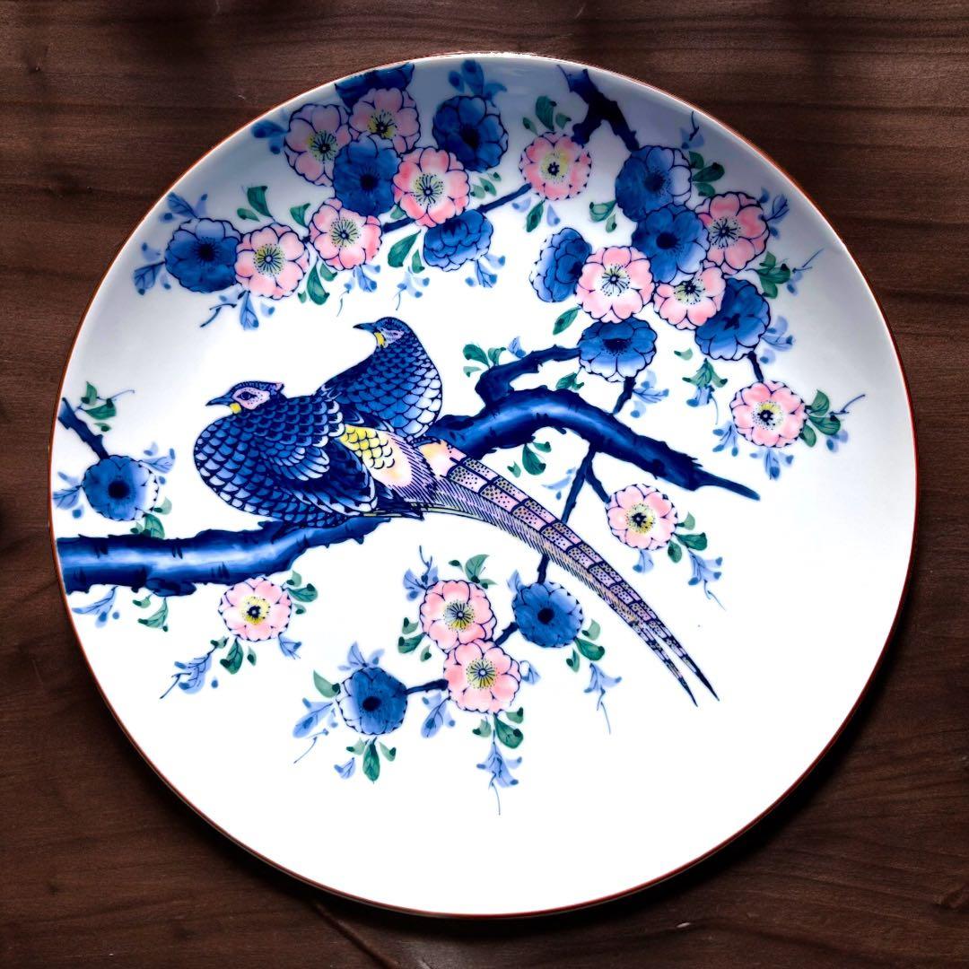 有田焼　伊万里　峯山作　桜花雑子文大皿　色絵　手書き　肥前燒 桐箱付き　古美術