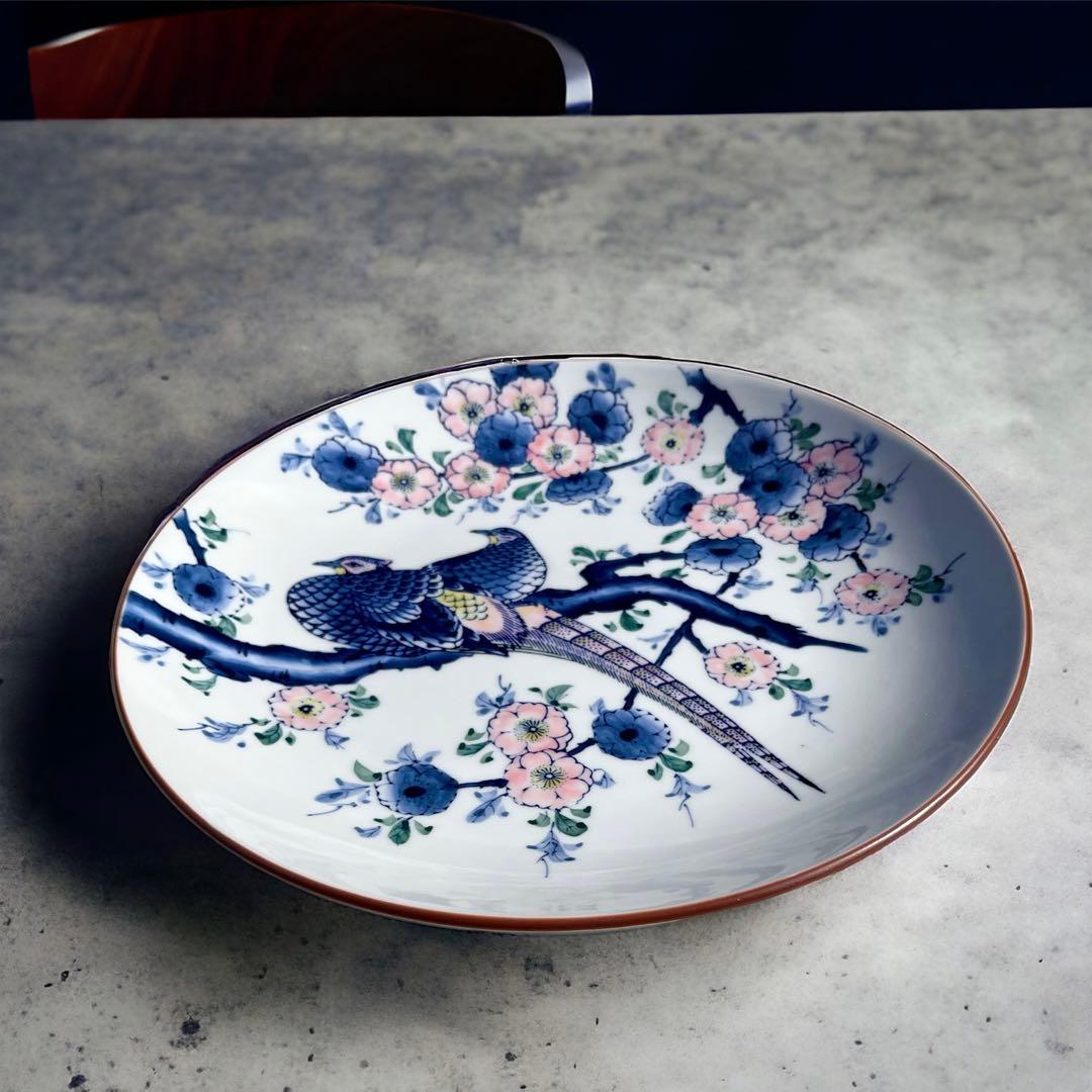 有田焼　伊万里　峯山作　桜花雑子文大皿　色絵　手書き　肥前燒 桐箱付き　古美術