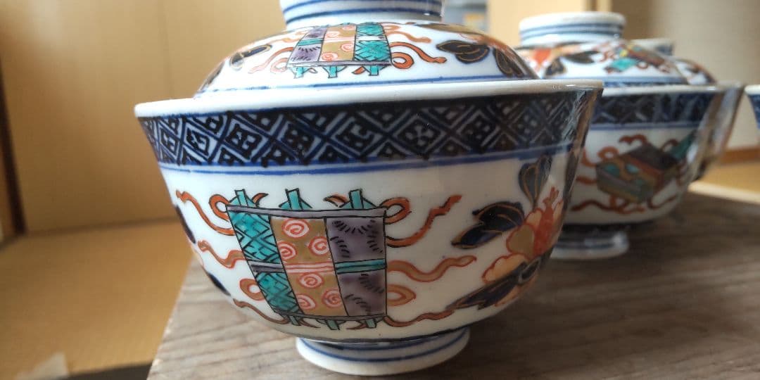 古伊万里　蓋茶碗　冨貴長春　明治18年20客のうち5客