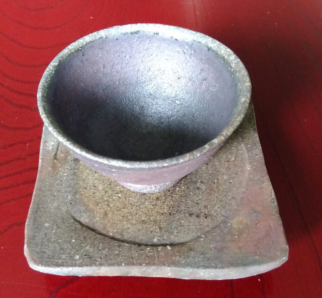 越前焼名工白越不朝塩越窯 自然灰釉究極美逸品ぐい呑み/湯呑3種茶托セットNo:３