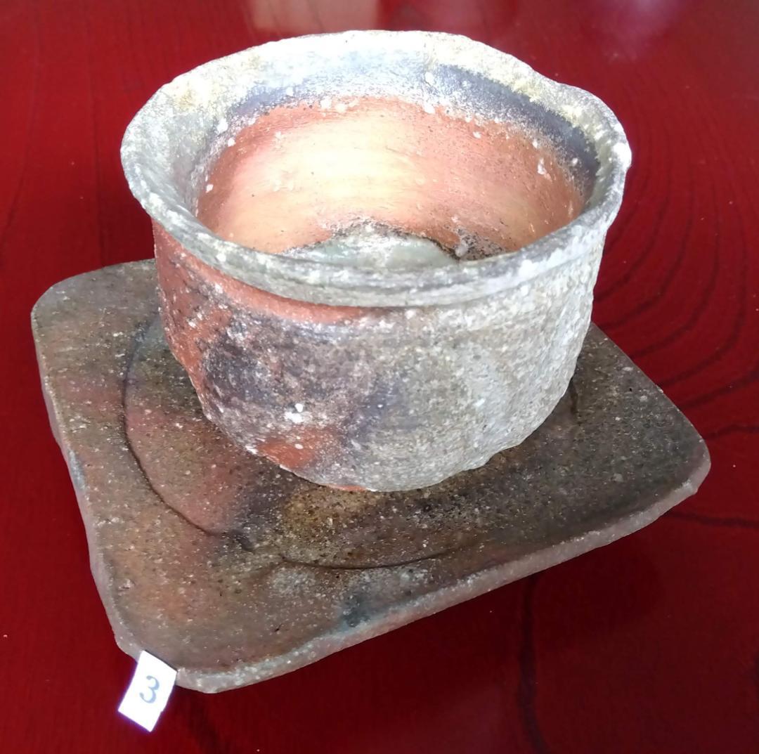 越前焼名工白越不朝塩越窯 自然灰釉究極美逸品ぐい呑み/湯呑3種茶托セットNo:３