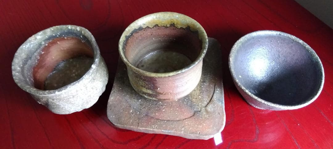 越前焼名工白越不朝塩越窯 自然灰釉究極美逸品ぐい呑み/湯呑3種茶托セットNo:３