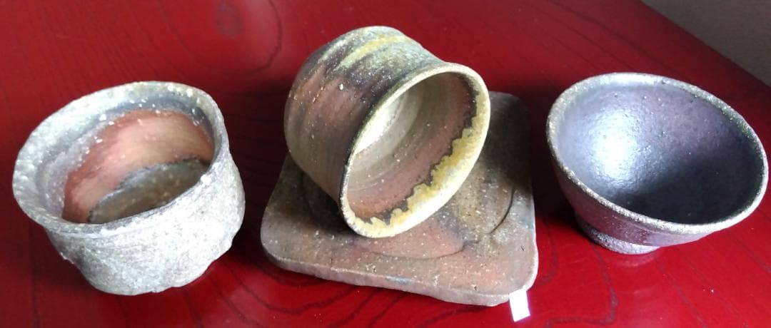 越前焼名工白越不朝塩越窯 自然灰釉究極美逸品ぐい呑み/湯呑3種茶托セットNo:３