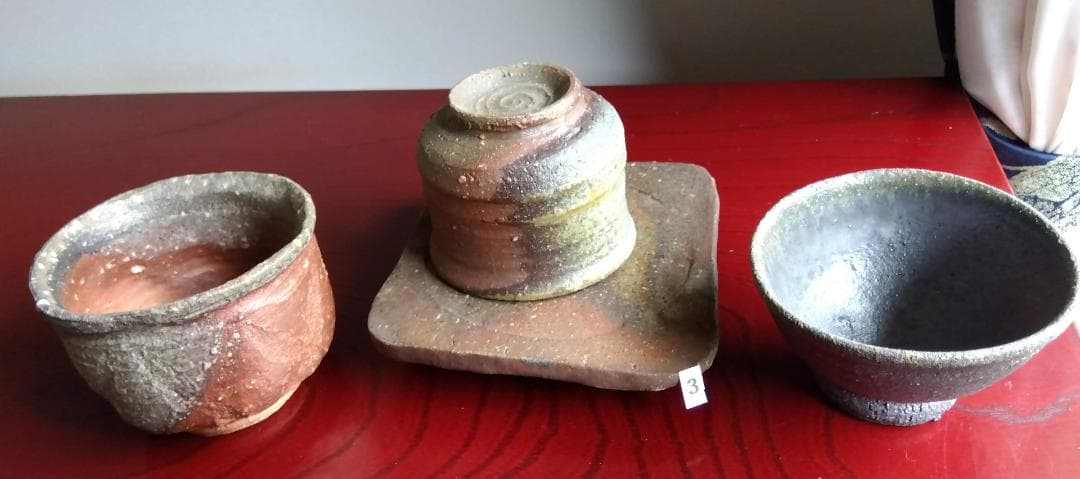 越前焼名工白越不朝塩越窯 自然灰釉究極美逸品ぐい呑み/湯呑3種茶托セットNo:３