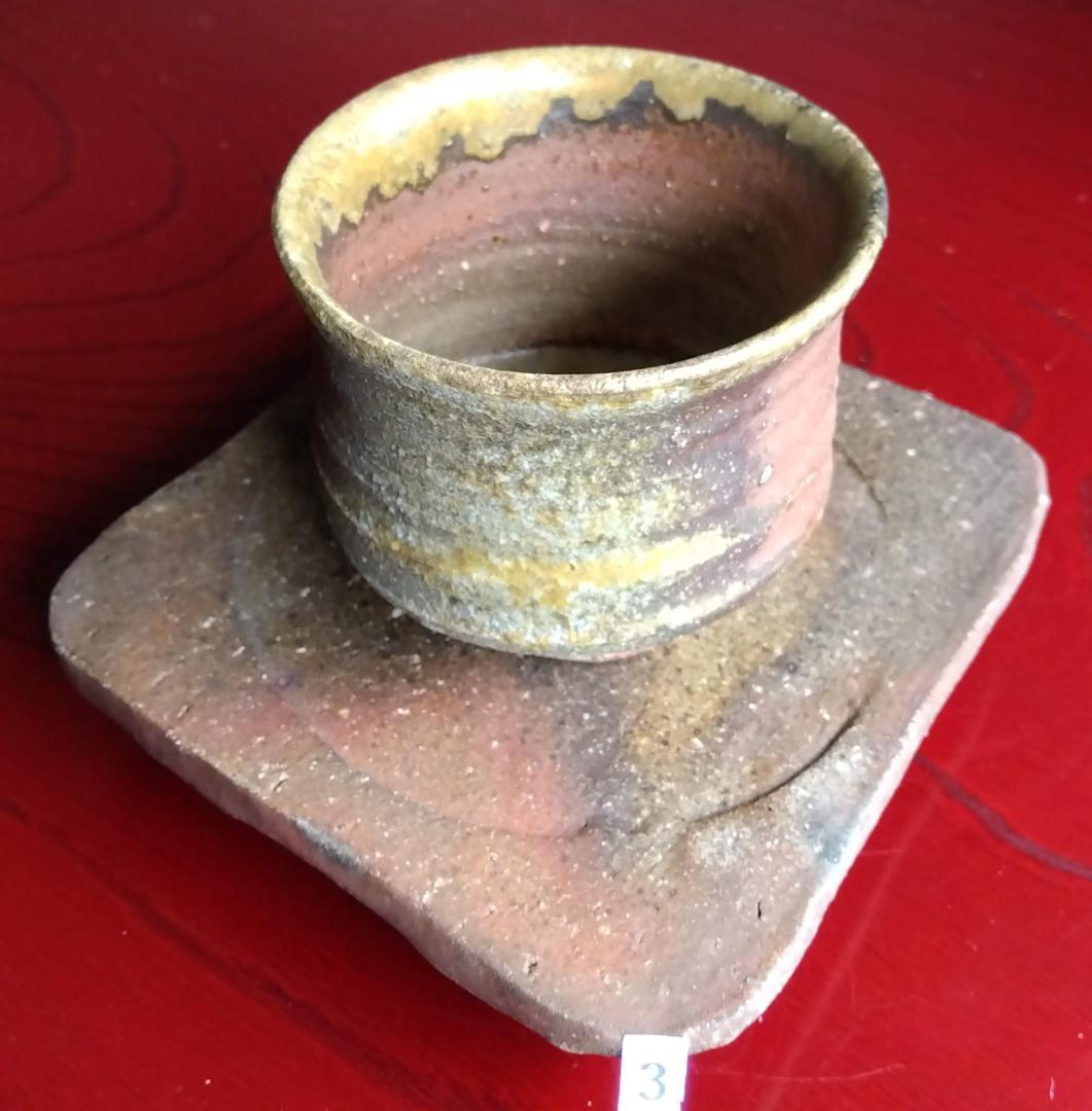 越前焼名工白越不朝塩越窯 自然灰釉究極美逸品ぐい呑み/湯呑3種茶托セットNo:３