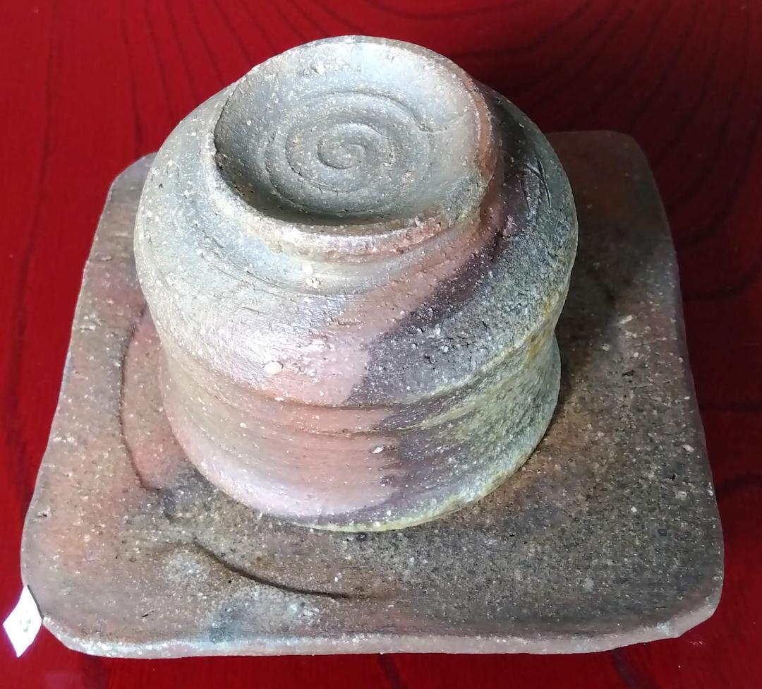 越前焼名工白越不朝塩越窯 自然灰釉究極美逸品ぐい呑み/湯呑3種茶托セットNo:３