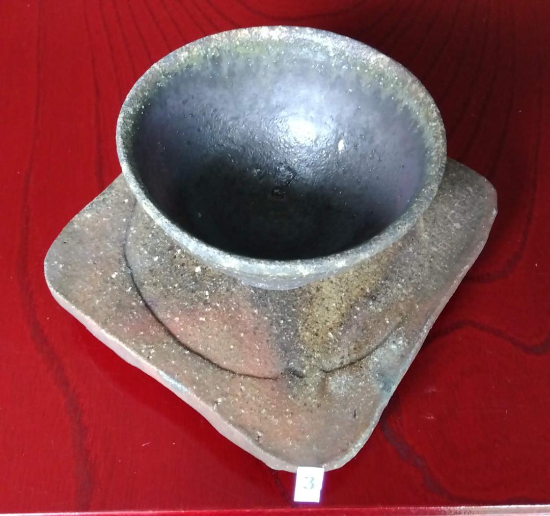 越前焼名工白越不朝塩越窯 自然灰釉究極美逸品ぐい呑み/湯呑3種茶托セットNo:３