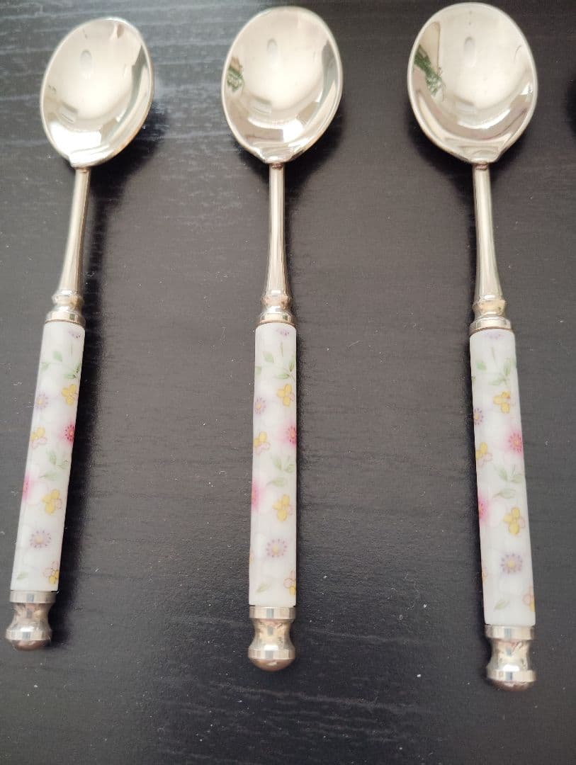 花柄陶器持ち手のスプーンセット 7点　銀製品　箱付き　Martian マーシャン