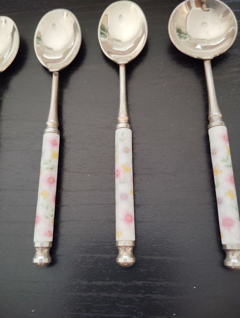 花柄陶器持ち手のスプーンセット 7点　銀製品　箱付き　Martian マーシャン