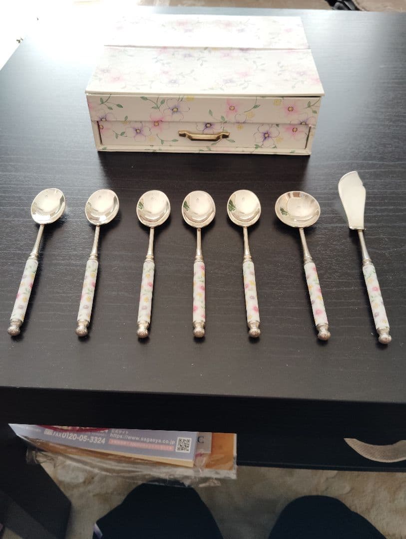 花柄陶器持ち手のスプーンセット 7点　銀製品　箱付き　Martian マーシャン