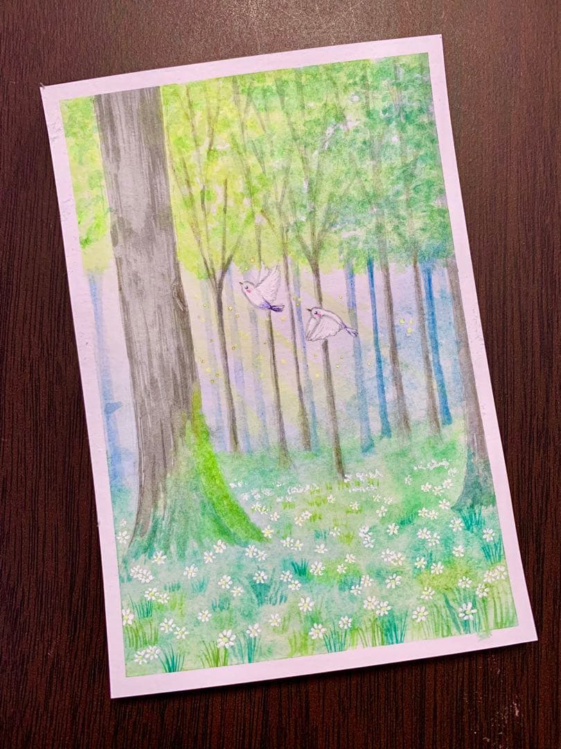 水彩画　花が咲く森　値段は※900円です
