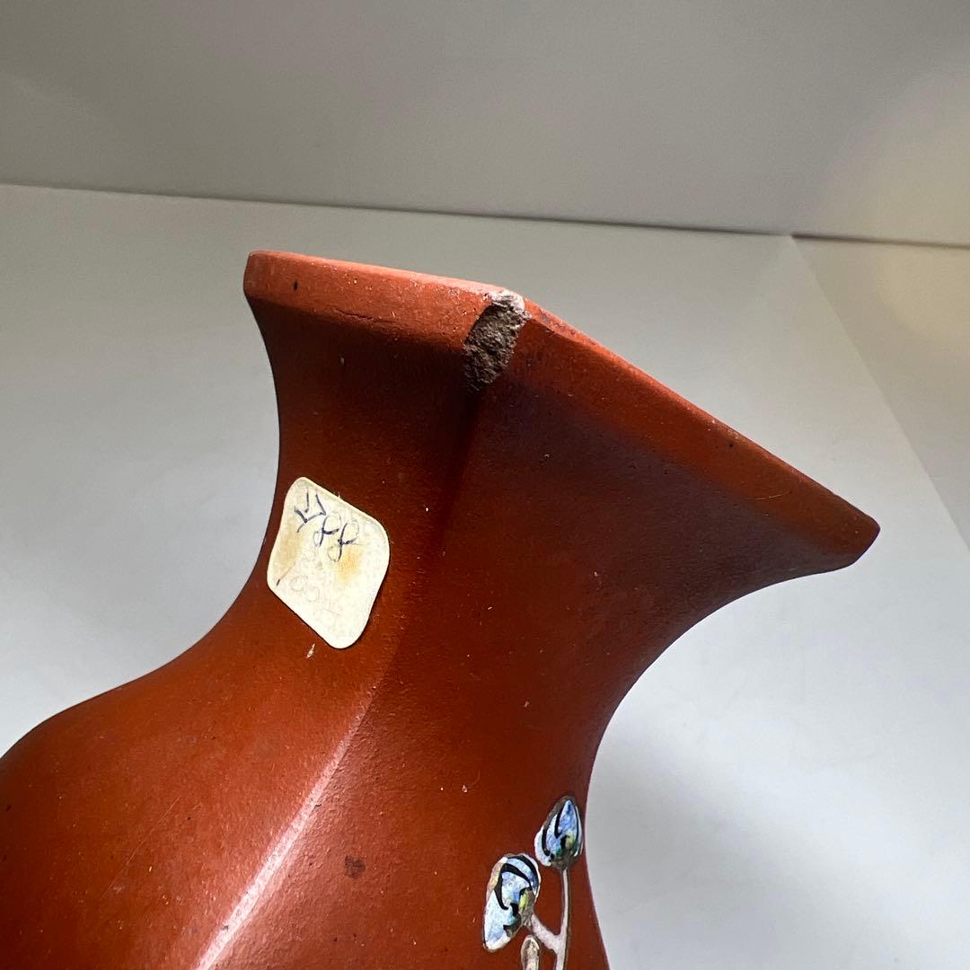 中国清時代　精古斎製朱泥花瓶　高さ約16㎝　東Y8-0402☆2Fトヒトオ