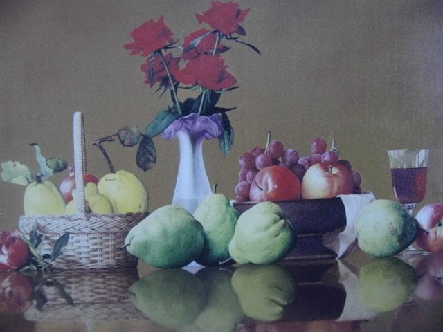 松井敏郎【赤い薔薇と果実】希少画集画、状態良好、新品高級額装付