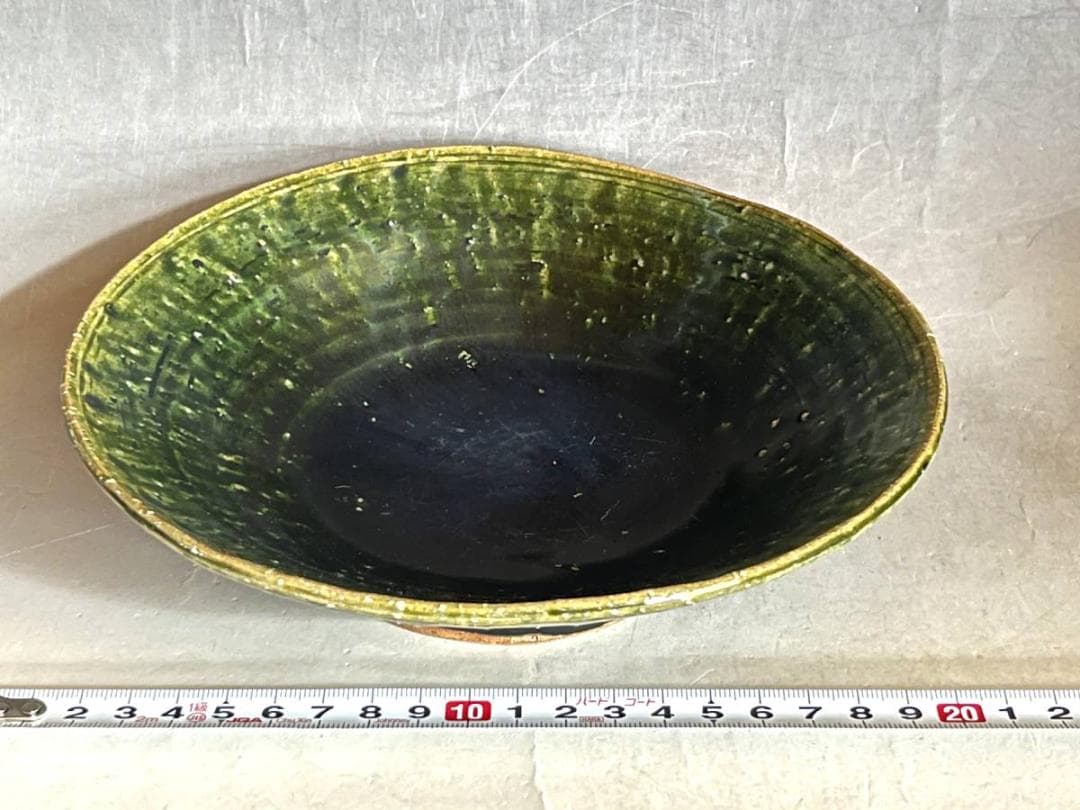 鉢■青織部焼き 平鉢 深皿 緑釉 料理 お茶道具 南雅？渦巻高台 時代物骨董品■