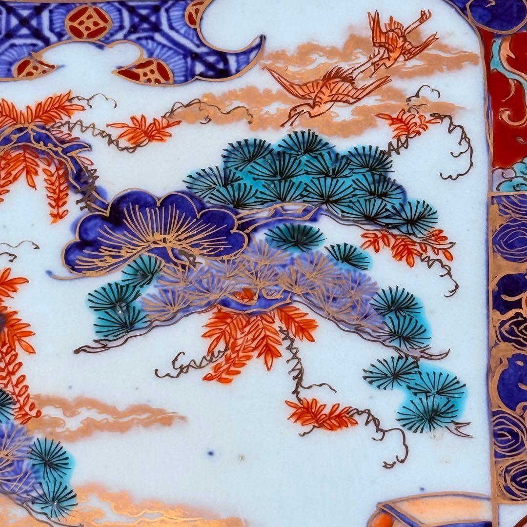 古伊万里　染錦　鳳凰　松竹梅　飛魚　千鳥　八角皿　冨貴長春　超細密技巧　46㎝